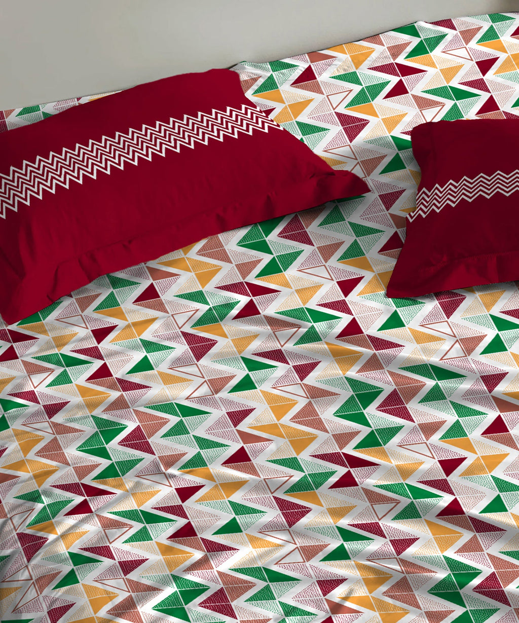 Urban Comfort Single Bedsheet Set, Trippy Triangles Red |144 TC Cotton| 2 Pillow Covers