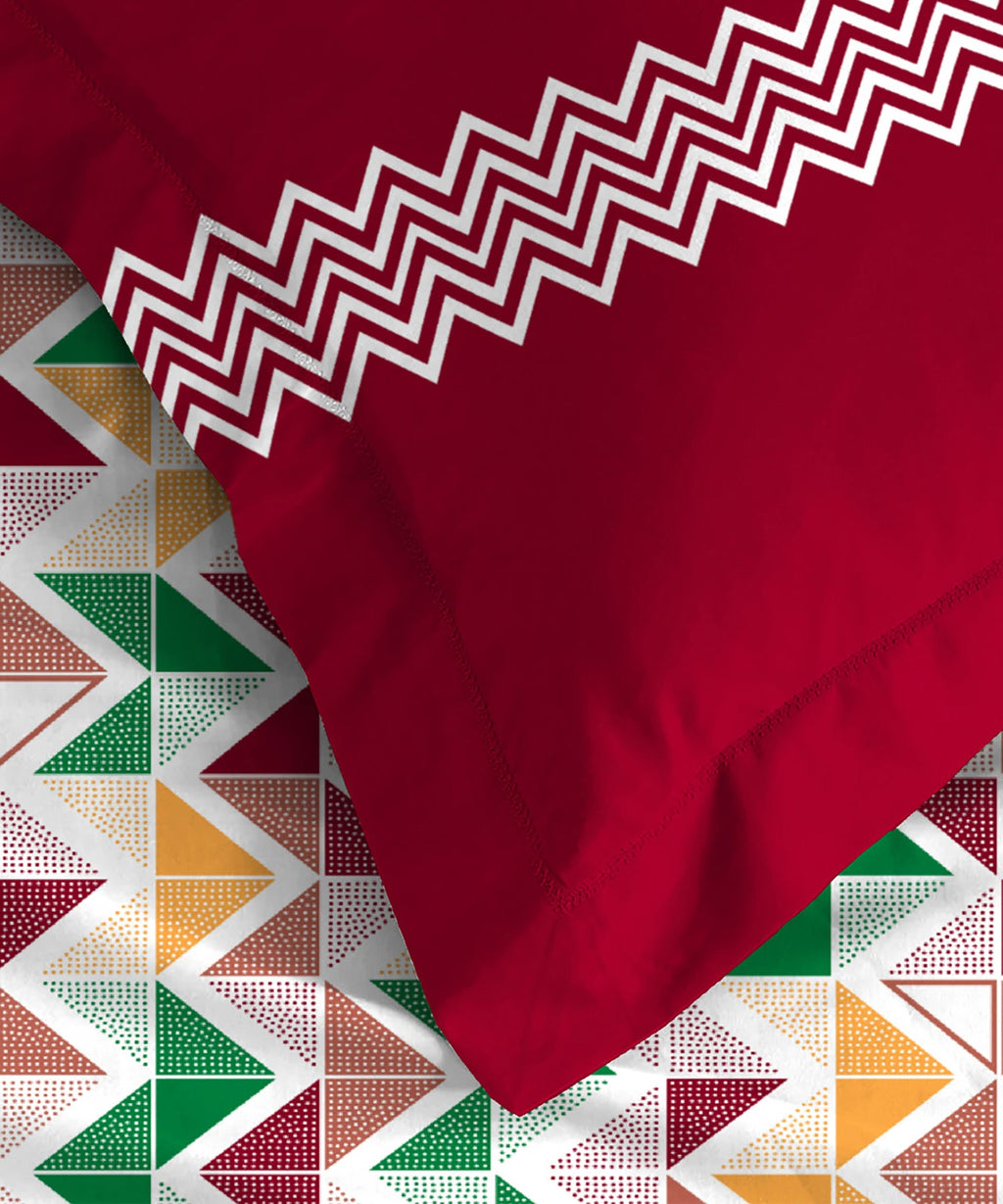 Urban Comfort Single Bedsheet Set, Trippy Triangles Red |144 TC Cotton| 2 Pillow Covers