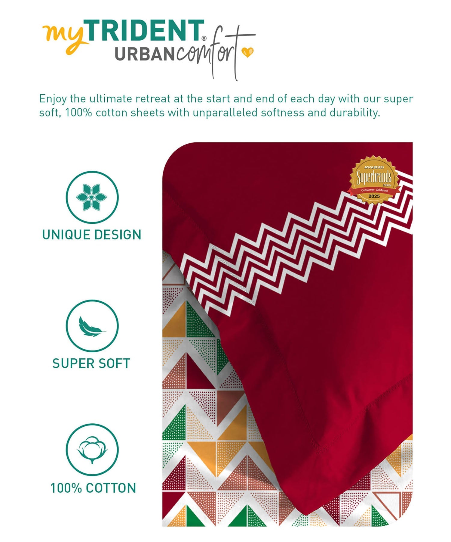Urban Comfort Single Bedsheet Set, Trippy Triangles Red |144 TC Cotton| 2 Pillow Covers