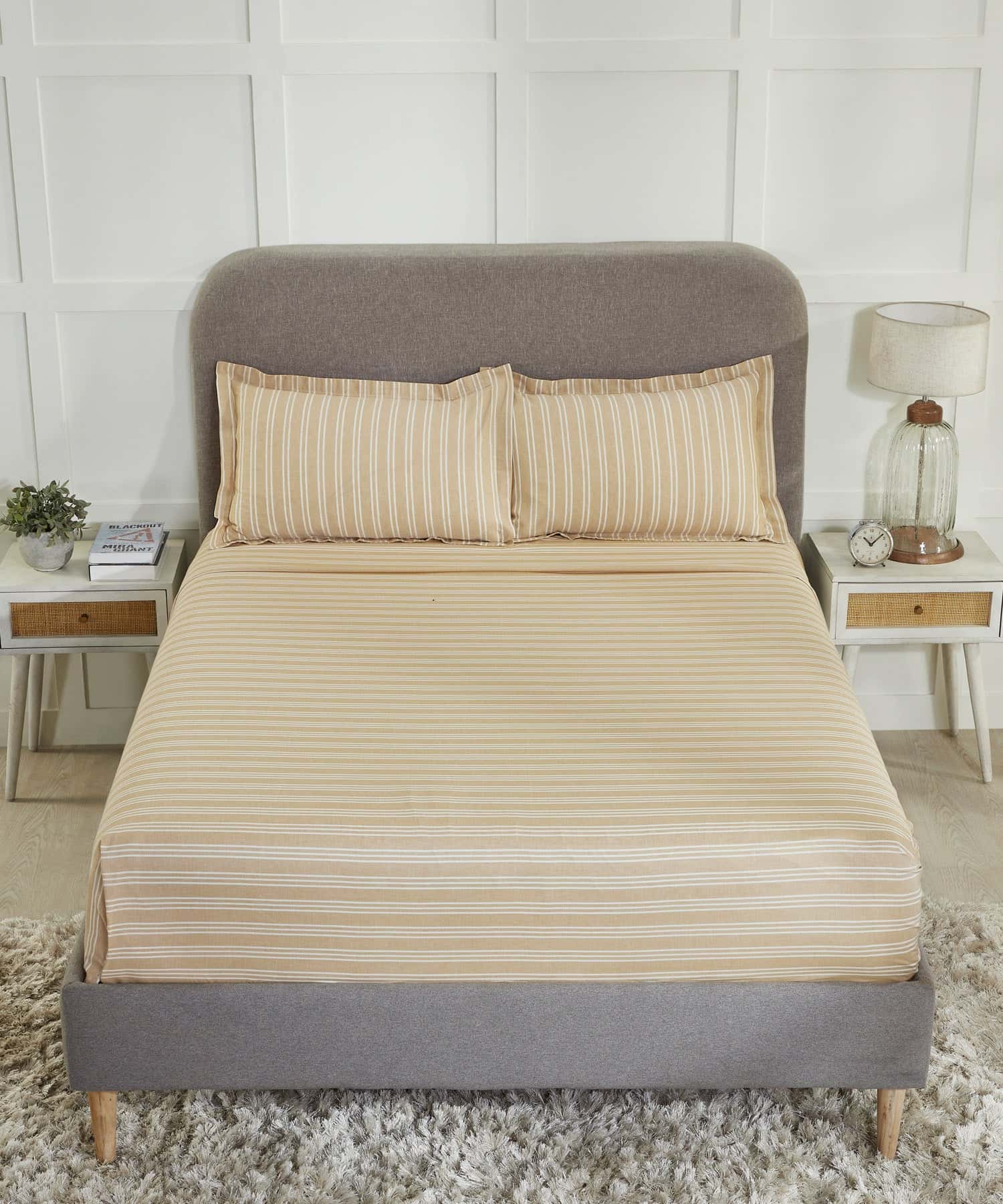 Home Essential Melange Stripe Solid Queen Bedsheet Set, Alsel|130 TC Cotton| 2 Pillow Covers