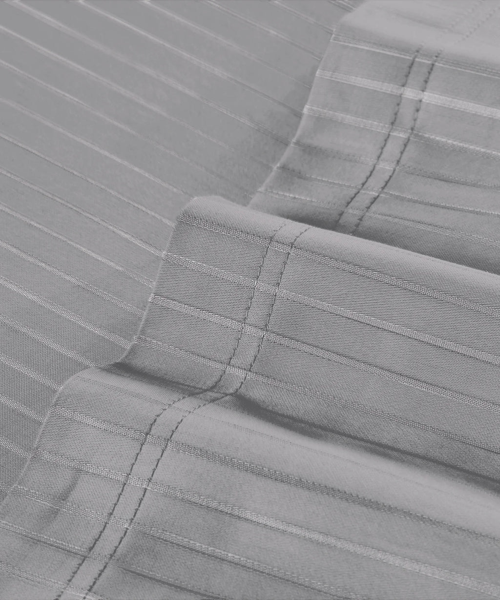 Classic Stripe Solid Dyed Single Bedsheet Set, Frost Grey|210 TC Cotton|1 Pillow Cover