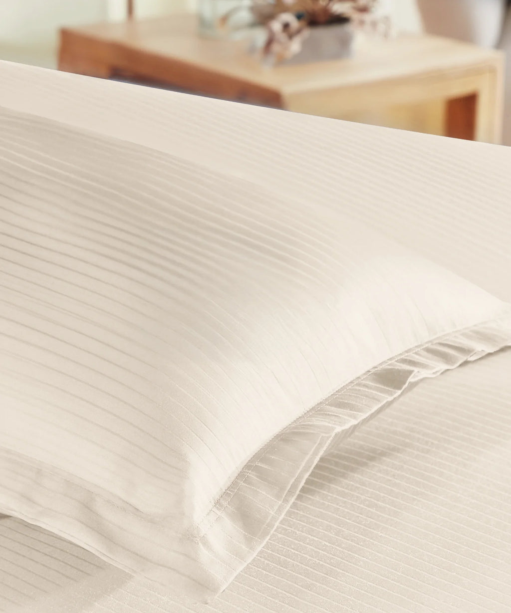 Classic Stripe Solid Dyed Single Bedsheet Set, Pearled Ivory|210 TC Cotton|1 Pillow Cover