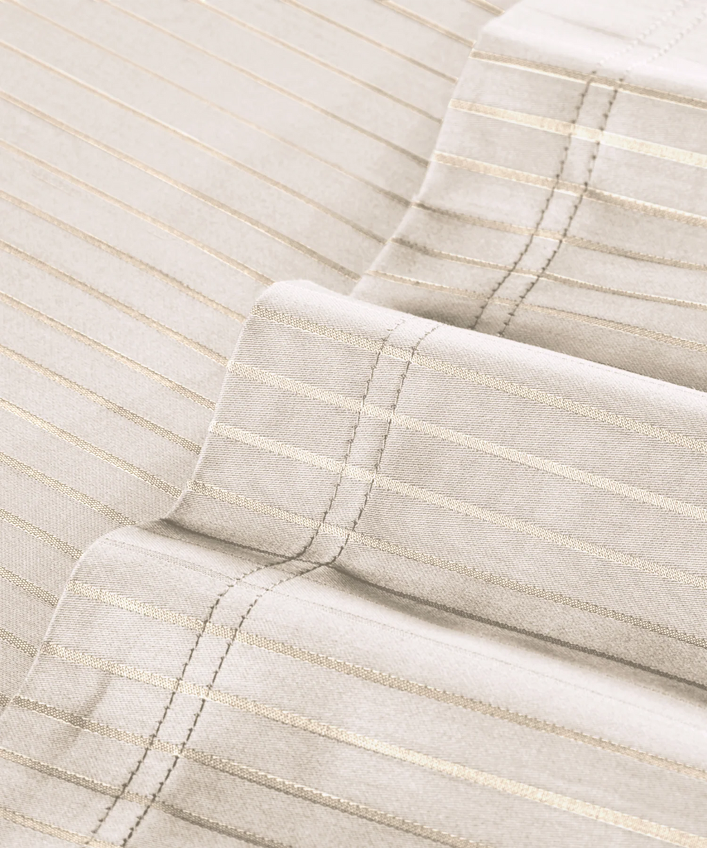 Classic Stripe Solid Dyed Single Bedsheet Set, Pearled Ivory|210 TC Cotton|1 Pillow Cover