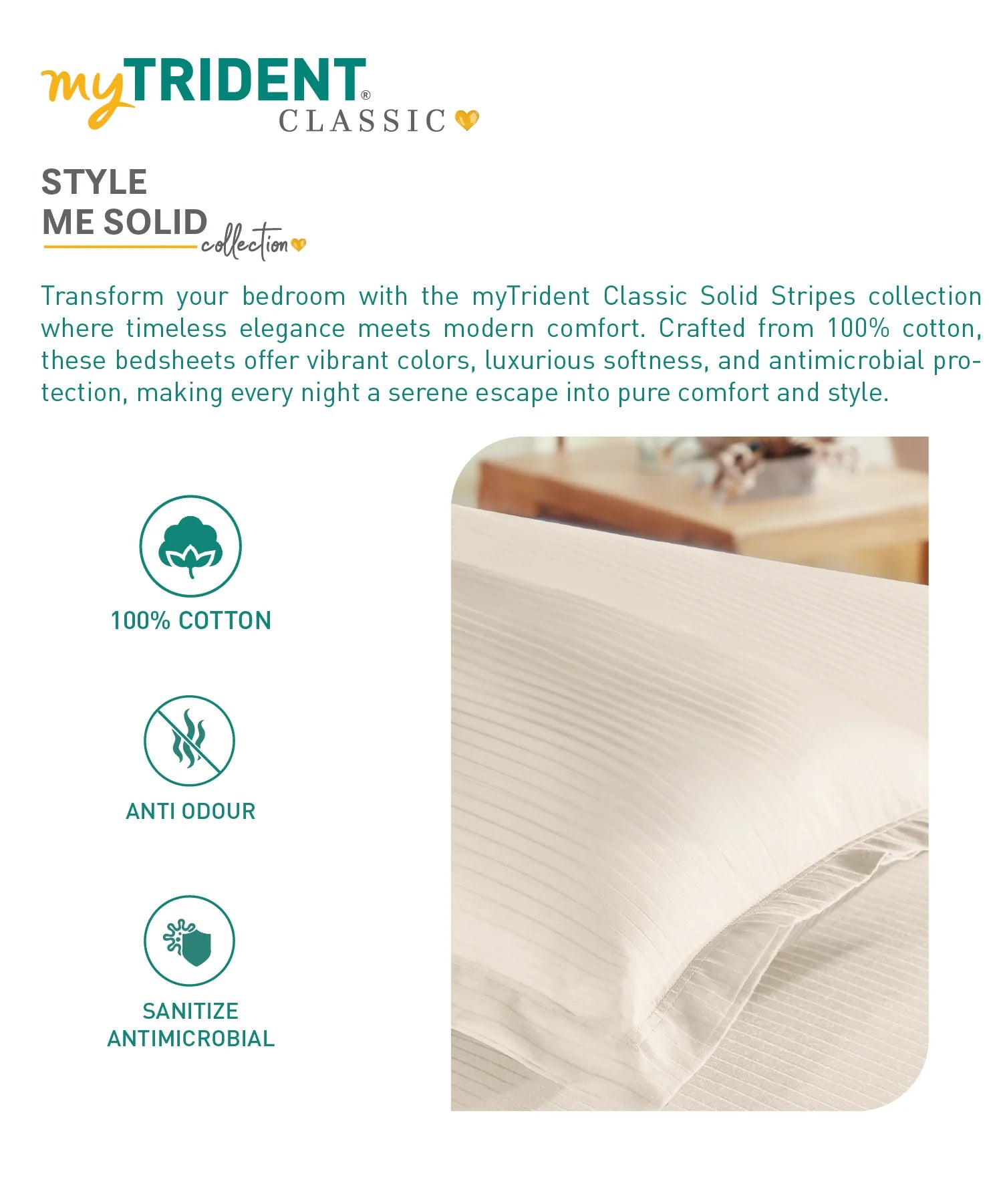 Classic Stripe Solid Dyed Single Bedsheet Set, Pearled Ivory|210 TC Cotton|1 Pillow Cover