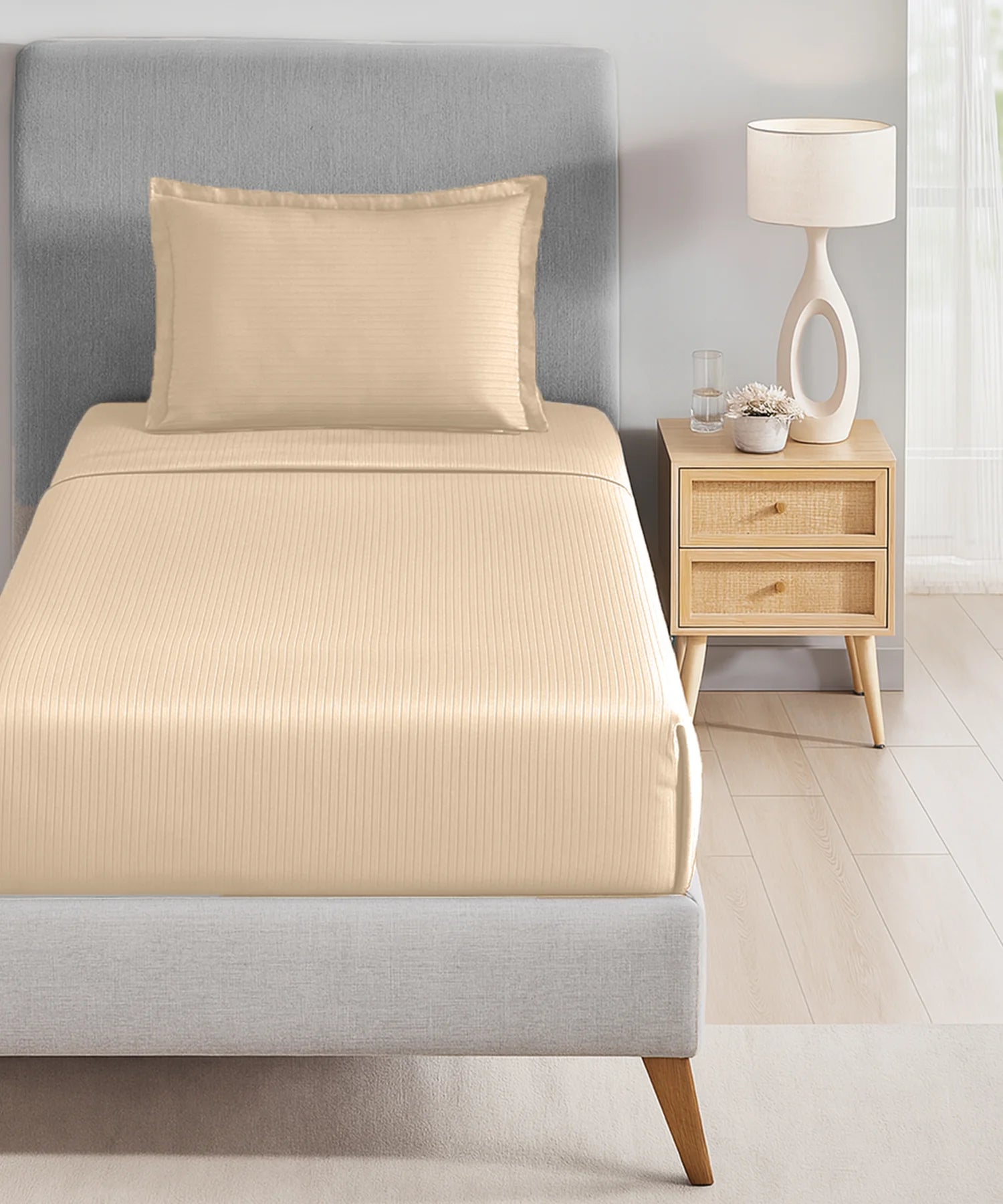 Classic Stripe Solid Single Bedsheet Set, Irish Cream|210 TC| 1 Pillow Covers