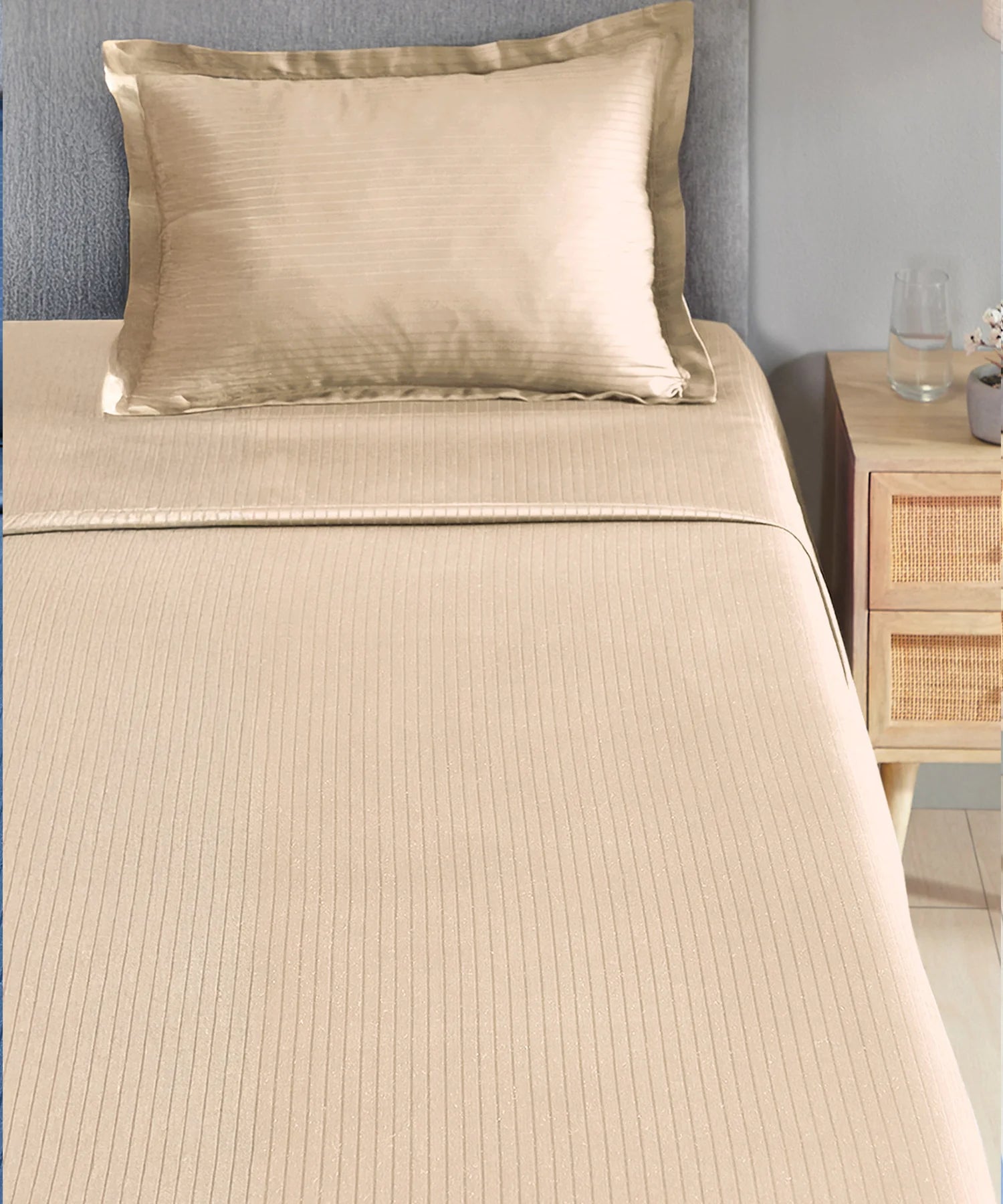 Classic Stripe Solid Single Bedsheet Set, Irish Cream|210 TC| 1 Pillow Covers
