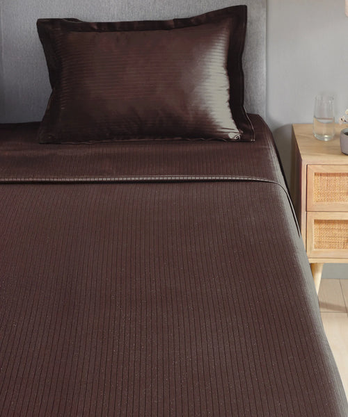 Classic Stripe Solid Dyed Single Bedsheet Set, Brown Syrup|210 TC Cotton|1 Pillow Cover