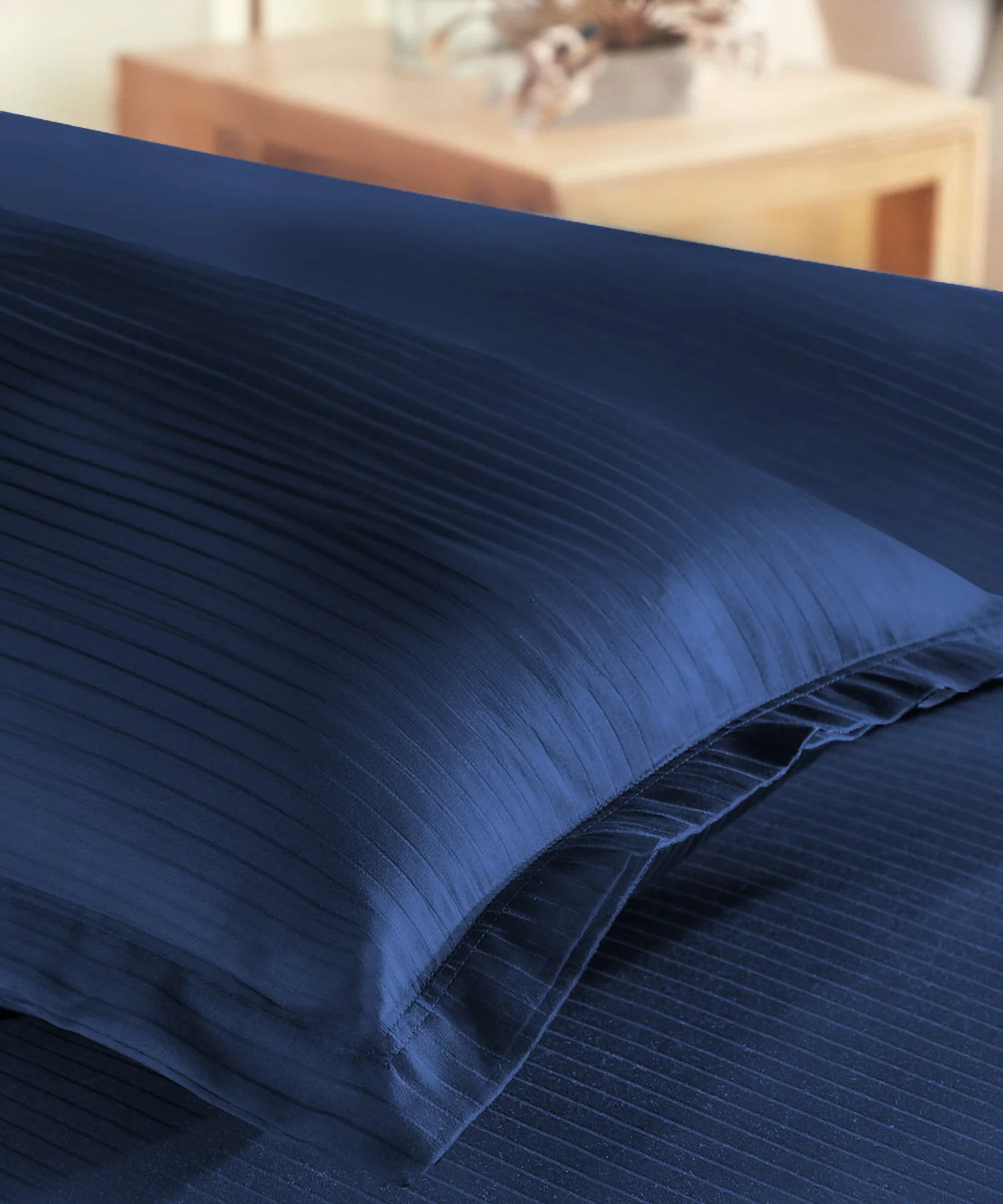 Classic Stripe Solid Dyed Single Bedsheet Set, Iron Blue|210 TC Cotton|1 Pillow Cover
