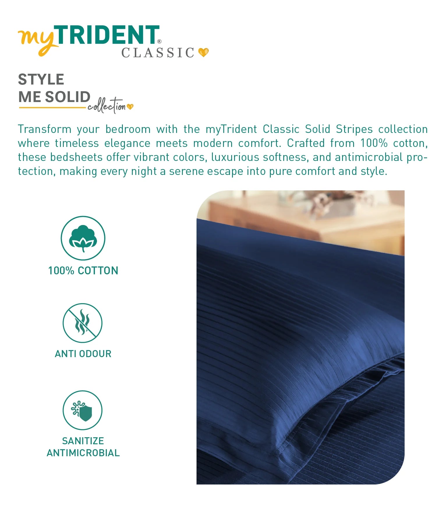 Classic Stripe Solid Dyed Single Bedsheet Set, Iron Blue|210 TC Cotton|1 Pillow Cover