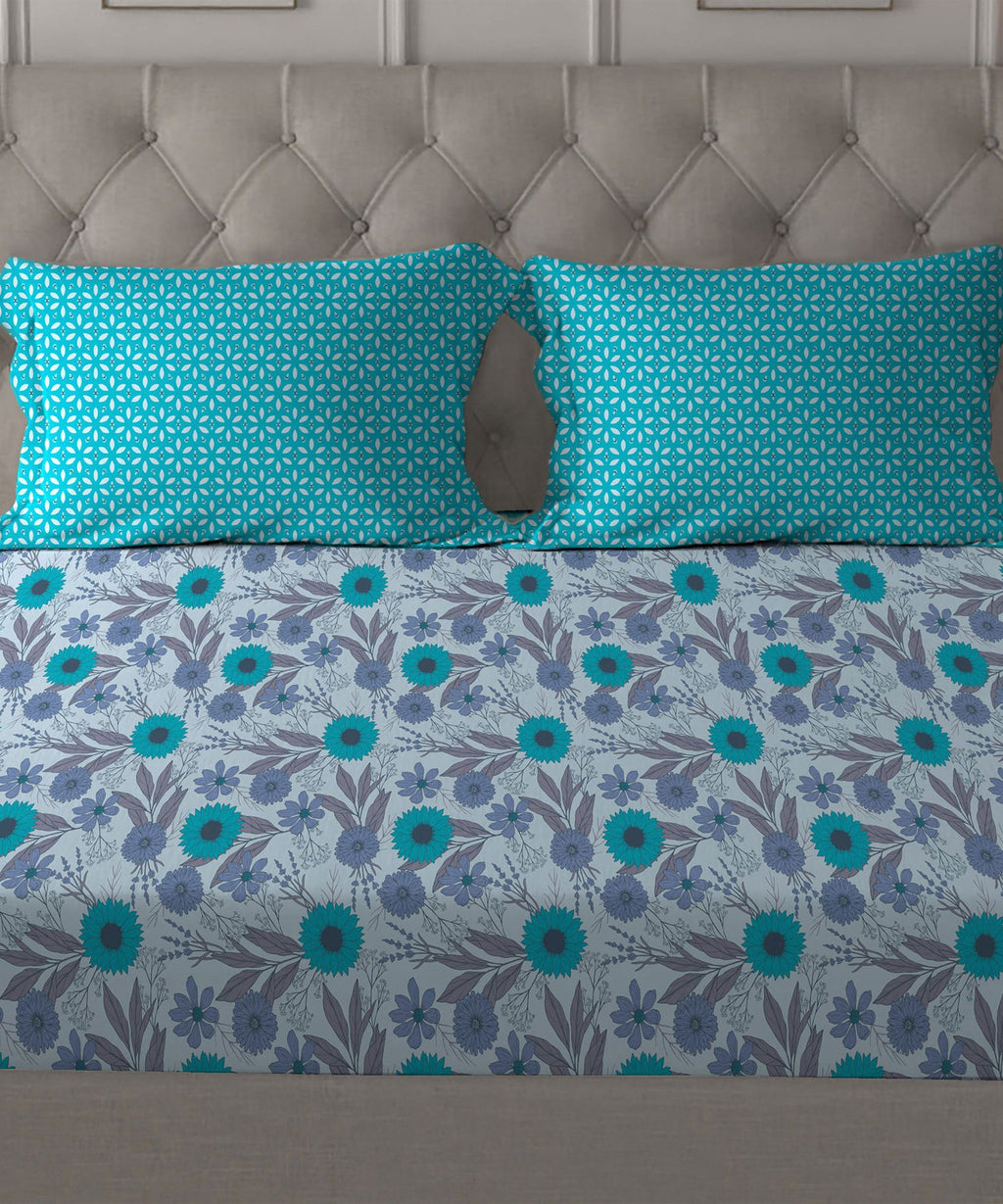 Comfort Living Queen Bedsheet Set, Sunflower Blue| 120 TC Cotton|2 Pillow Cover