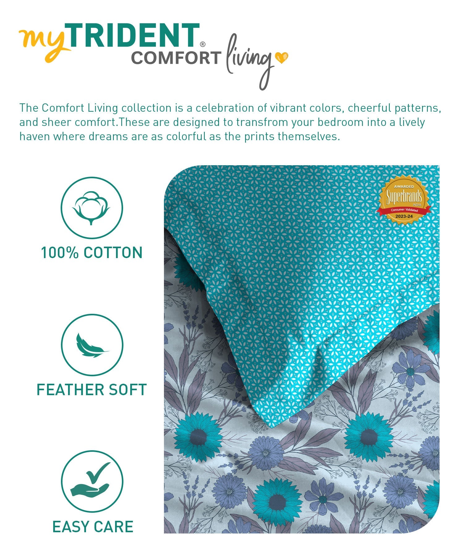 Comfort Living Queen Bedsheet Set, Sunflower Blue| 120 TC Cotton|2 Pillow Cover