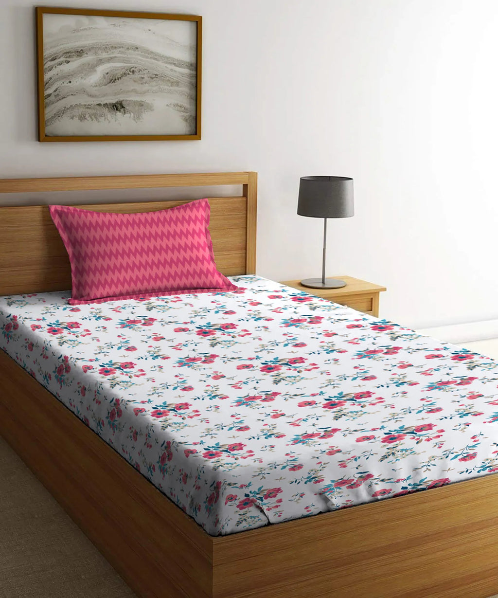 Urban Comfort Single Bedsheet Set, Sunset Magenta |144 TC Cotton| 1 Pillow Covers