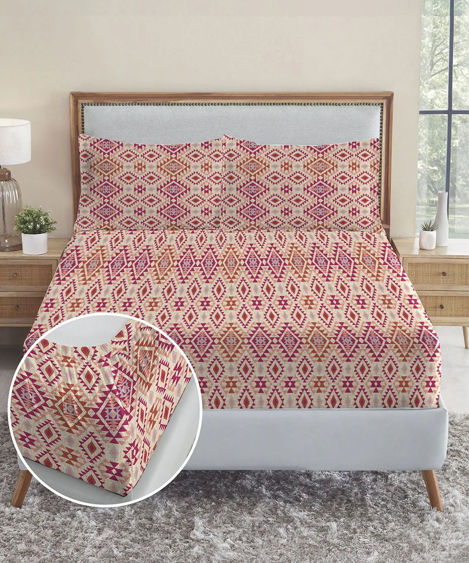 Urban Comfort King Fitted Bedsheet Set, Aria Red |144 TC Cotton| 2 Pillow Covers