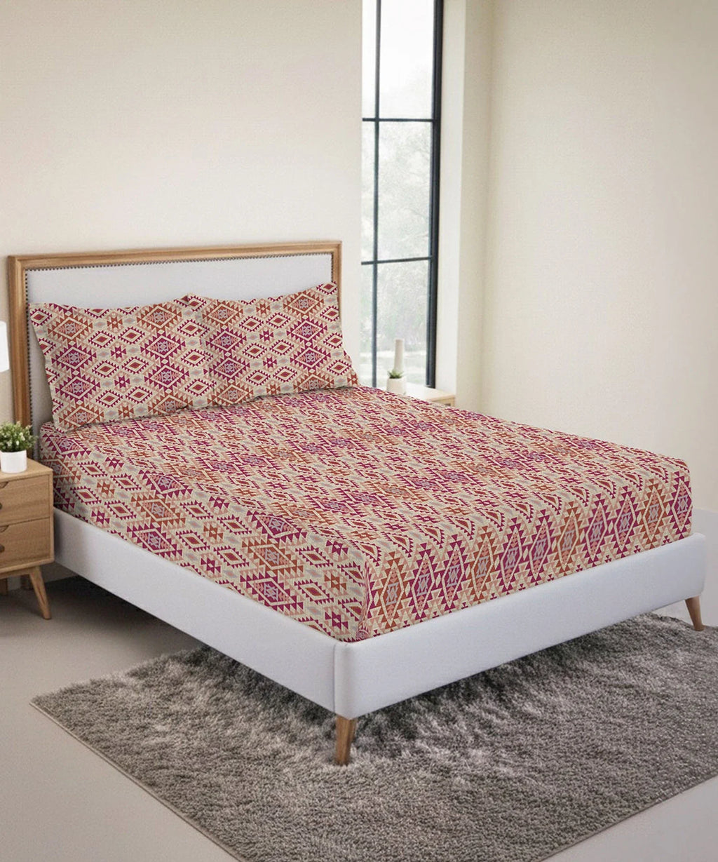 Urban Comfort King Fitted Bedsheet Set, Aria Red |144 TC Cotton| 2 Pillow Covers