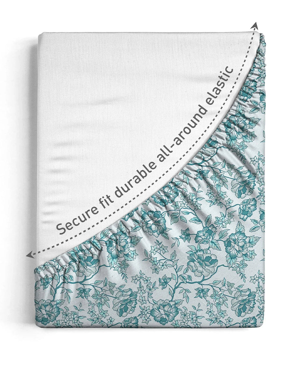 Urban Comfort King Fitted Bedsheet Set, Juliet Blue |144 TC Cotton| 2 Pillow Covers