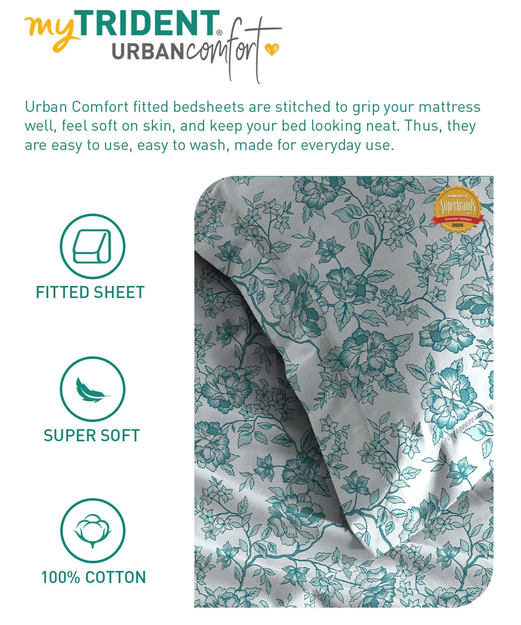 Urban Comfort King Fitted Bedsheet Set, Juliet Blue |144 TC Cotton| 2 Pillow Covers