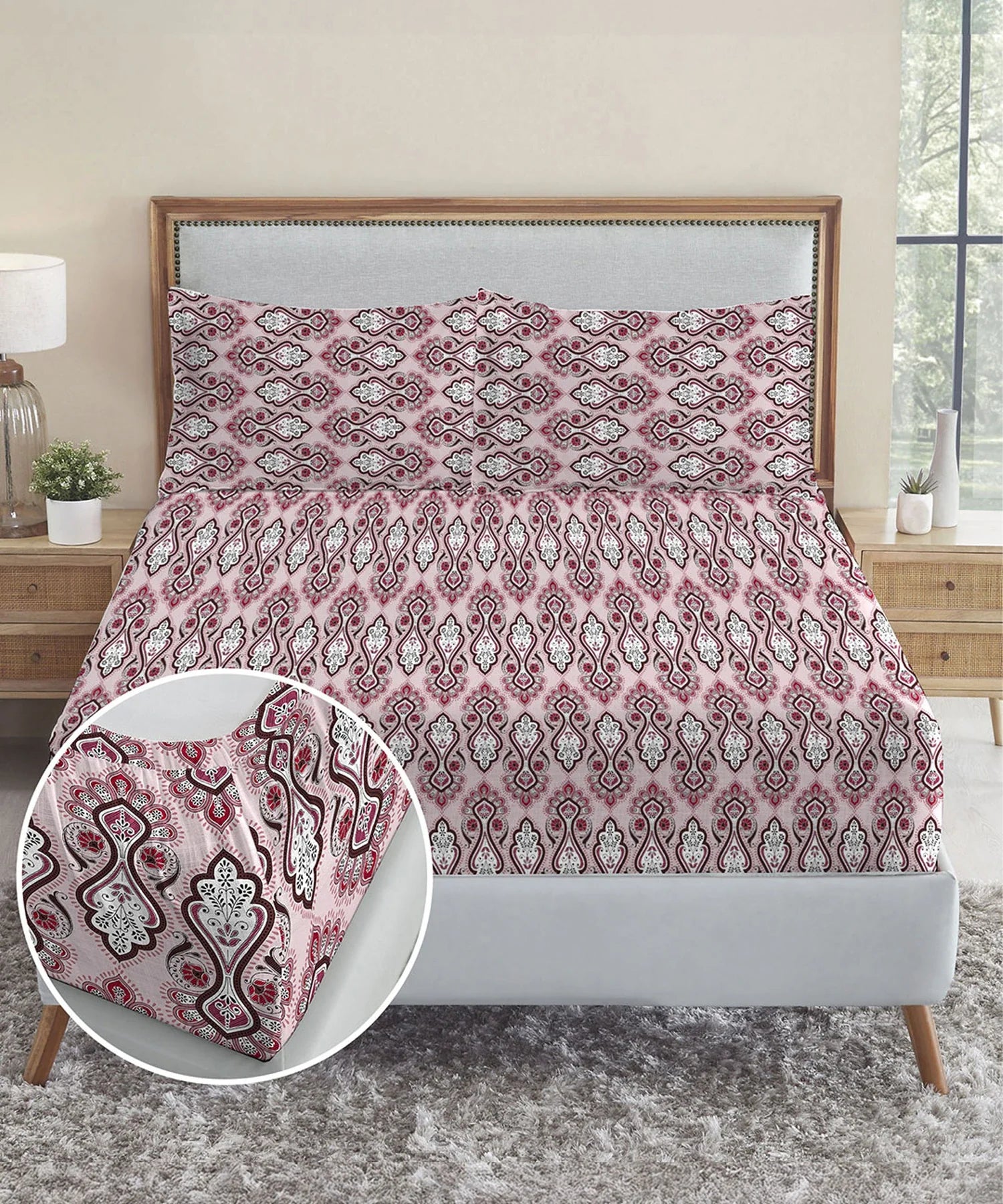 Urban Comfort King Fitted Bedsheet Set, Delicate Blush |144 TC Cotton| 2 Pillow Covers