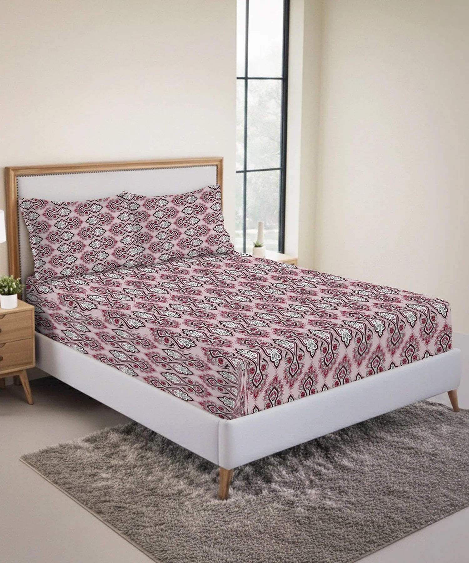 Urban Comfort King Fitted Bedsheet Set, Delicate Blush |144 TC Cotton| 2 Pillow Covers