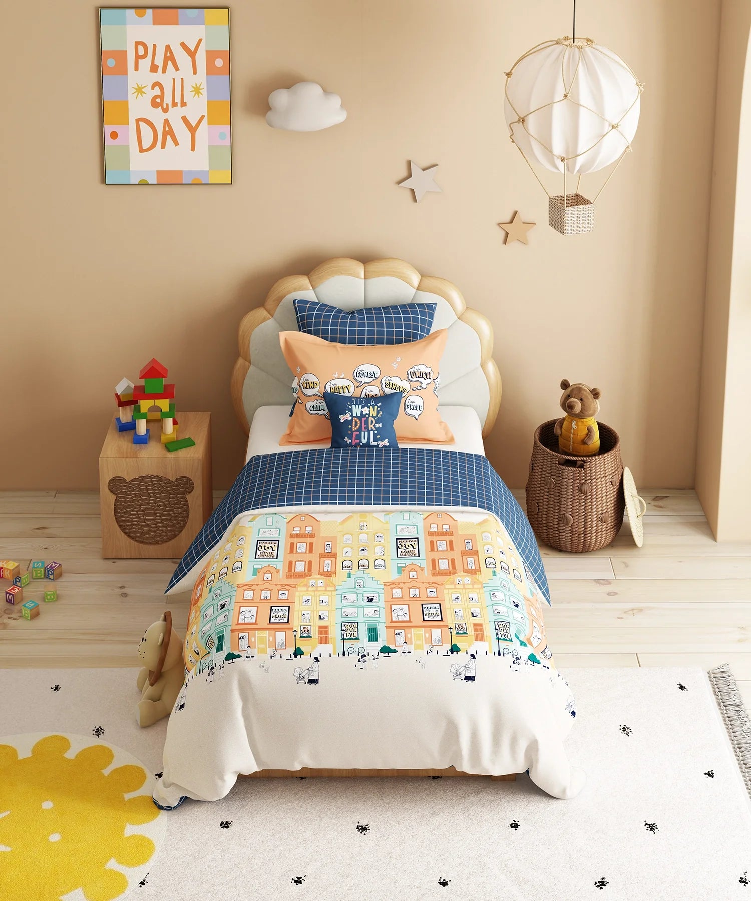 Juniors Single Bedsheet Set, Day Doodle| 144TC Cotton| 1 Pillow Cover