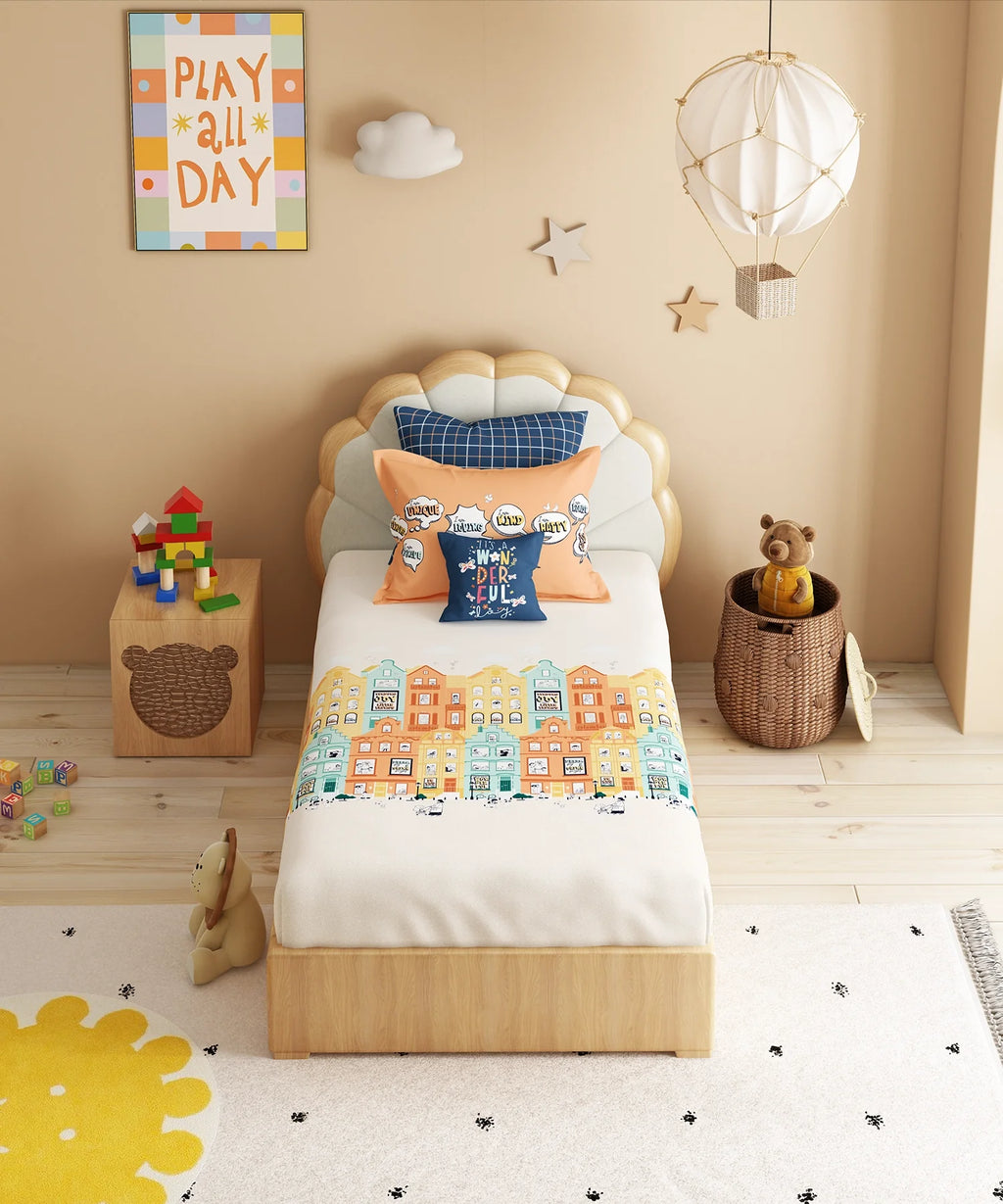 Juniors Single Bedsheet Set, Day Doodle| 144TC Cotton| 1 Pillow Cover