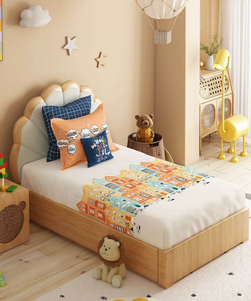 Juniors Single Bedsheet Set, Day Doodle| 144TC Cotton| 1 Pillow Cover