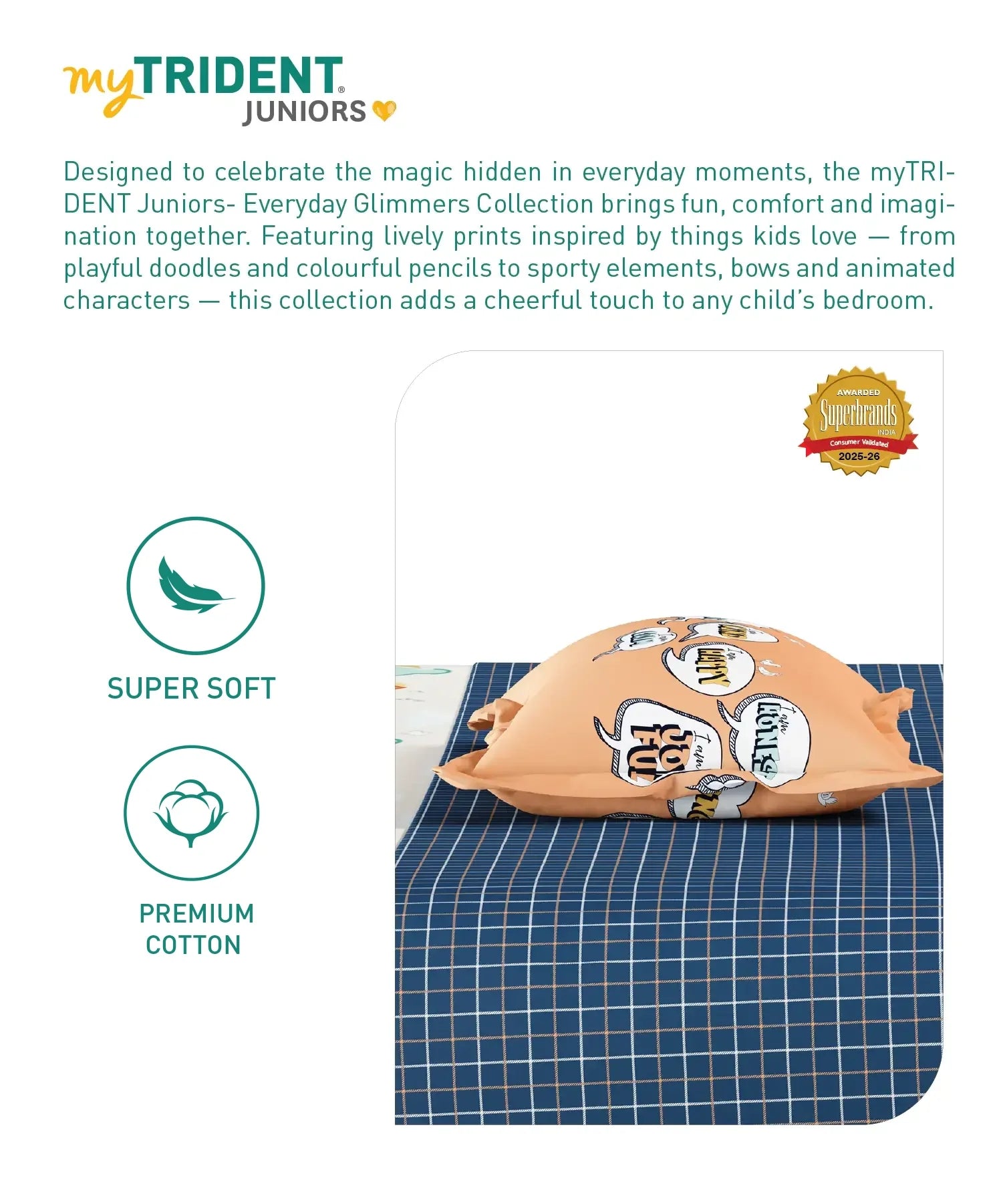 Juniors Single Bedsheet Set, Day Doodle| 144TC Cotton| 1 Pillow Cover