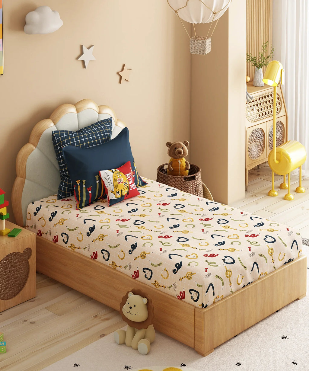 Juniors Single Bedsheet Set, Scribble Spot| 144TC Cotton|  1 Pillow Cover
