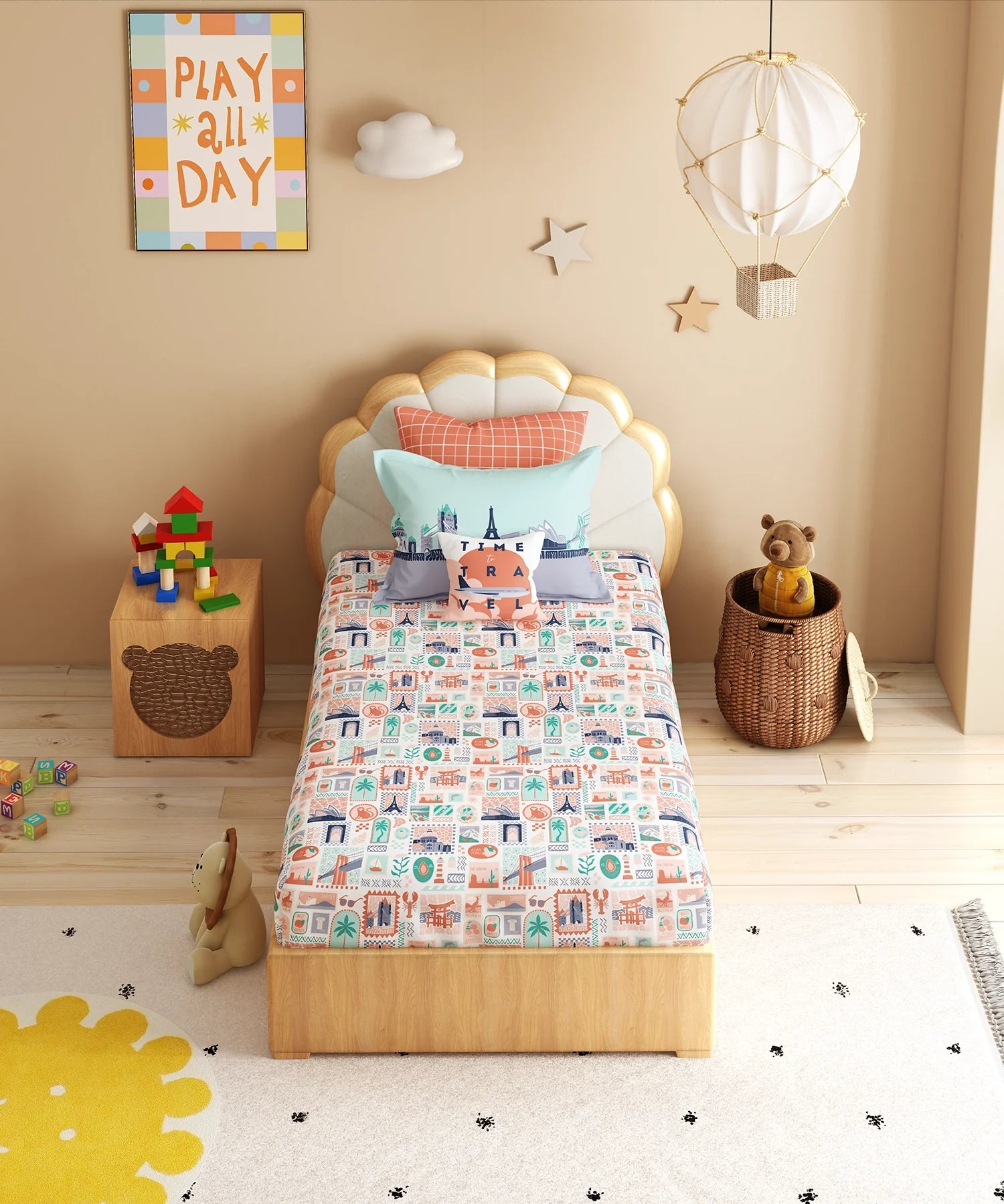 Juniors Single Bedsheet Set, Wander ways| 144TC Cotton| 1 Pillow Cover