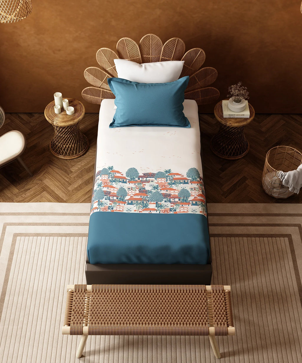 Home Essentials Namaste Bharat Single Bedsheet Set, Chhetinad Blue| 144 TC Cotton| 1 Pillow Cover