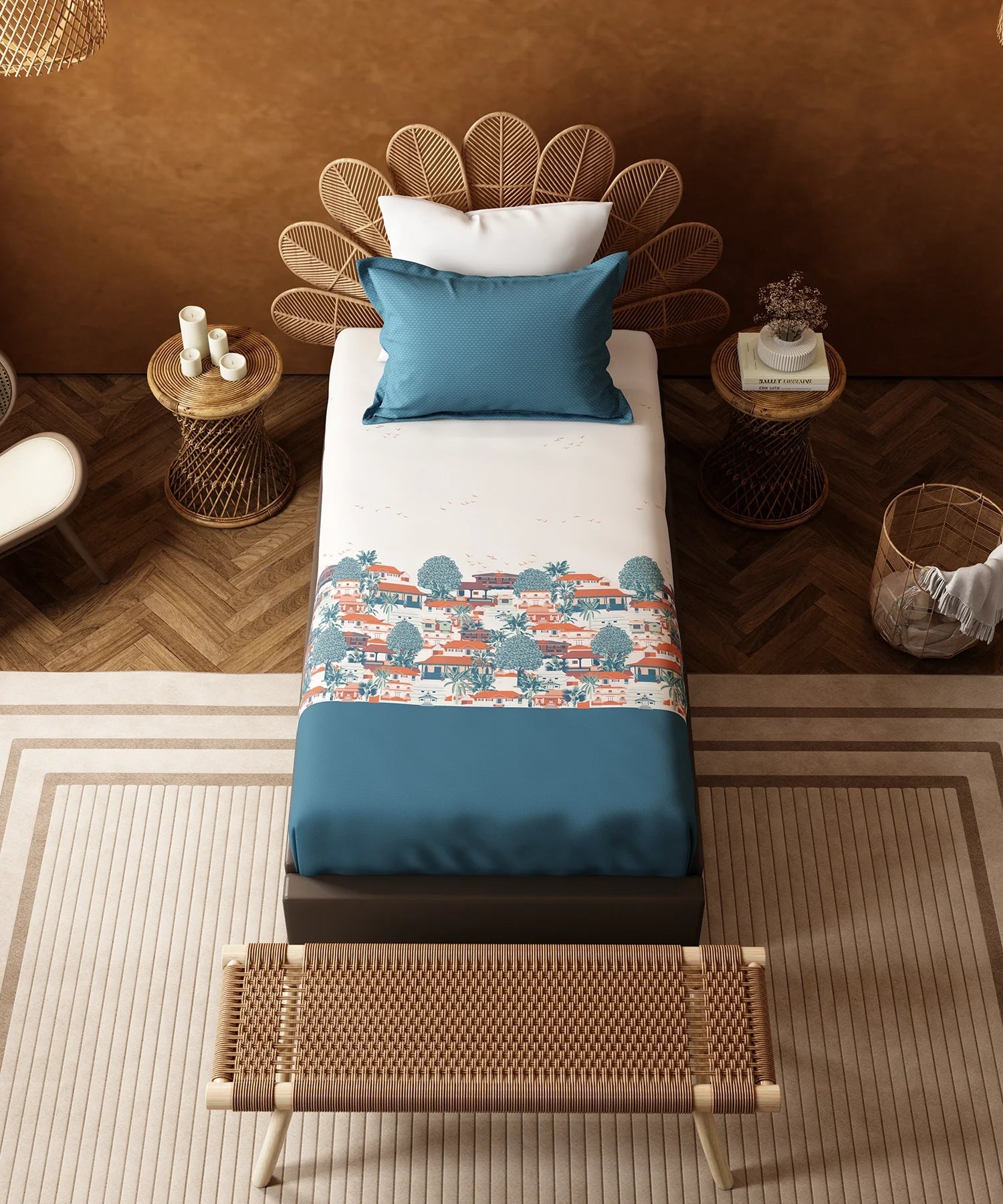 Home Essentials Namaste Bharat Single Bedsheet Set, Chhetinad Blue| 144 TC Cotton| 1 Pillow Cover