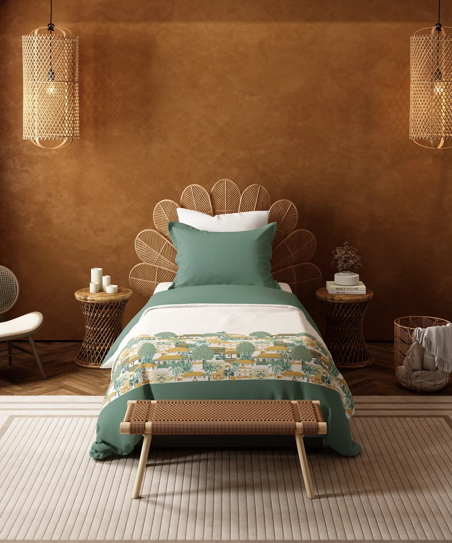 Home Essentials Namaste Bharat Single Bedsheet Set, Chetinad Green| 144 TC Cotton| 1 Pillow Cover