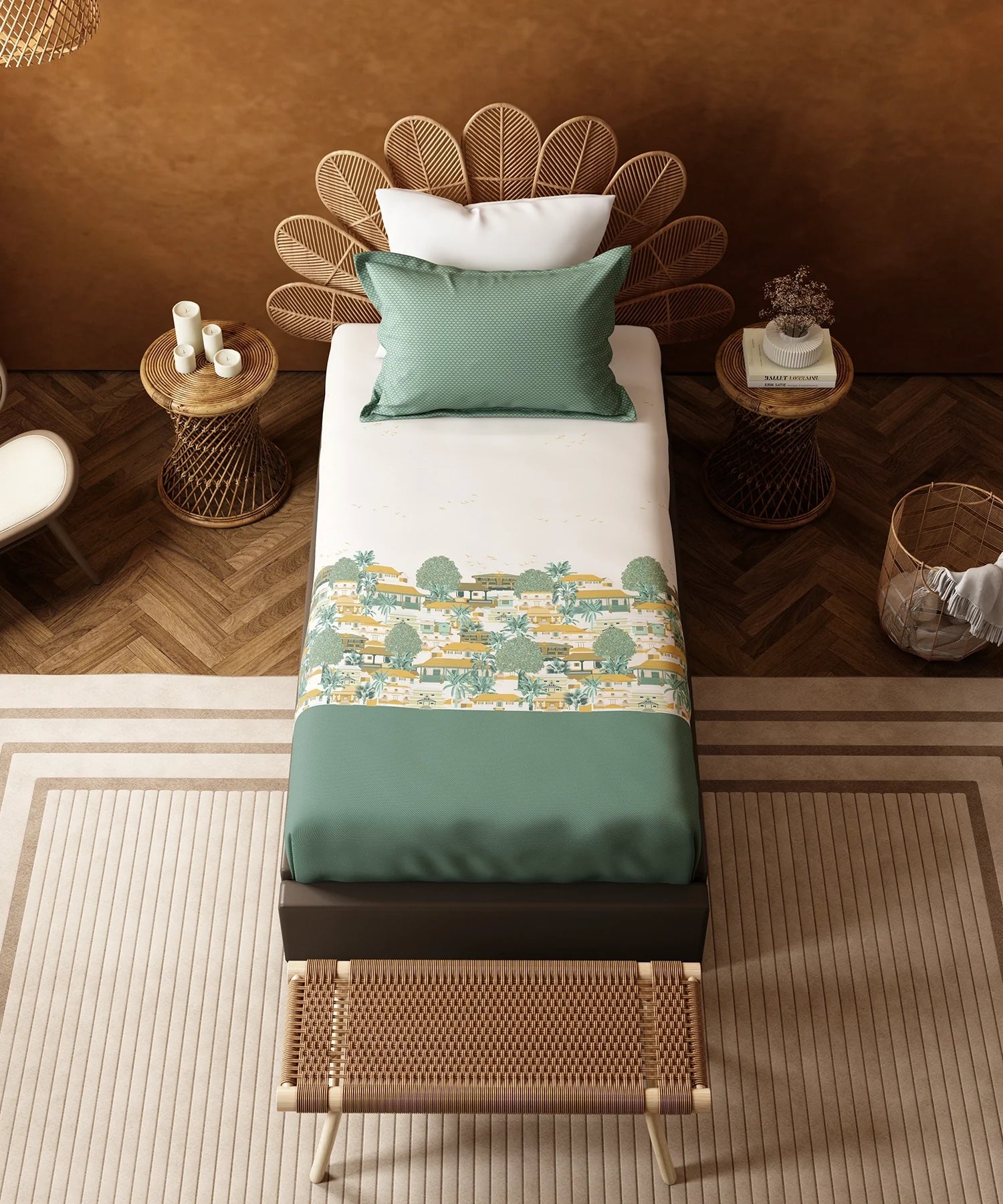 Home Essentials Namaste Bharat Single Bedsheet Set, Chetinad Green| 144 TC Cotton| 1 Pillow Cover
