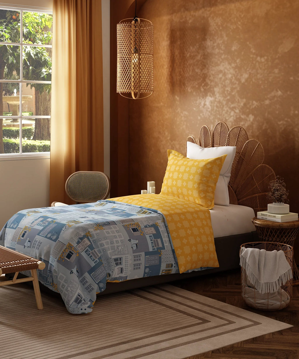 Home Essentials Namaste Bharat Single Bedsheet Set, Dakshin Dwaar Blue| 144 TC Cotton| 1 Pillow Cover
