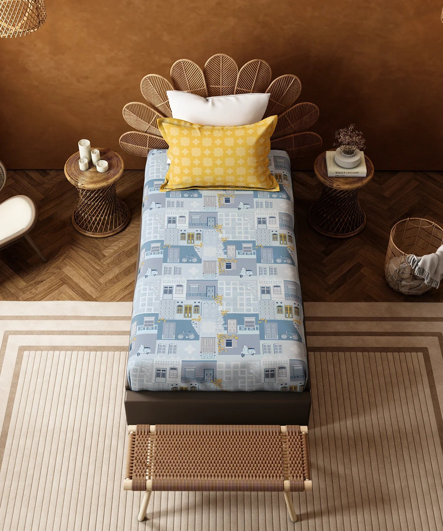 Home Essentials Namaste Bharat Single Bedsheet Set, Dakshin Dwaar Blue| 144 TC Cotton| 1 Pillow Cover
