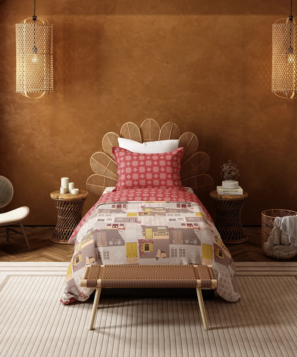 Home Essentials Namaste Bharat Single Bedsheet Set, Dakshin Dwaar Brown| 144 TC Cotton| 1 Pillow Cover