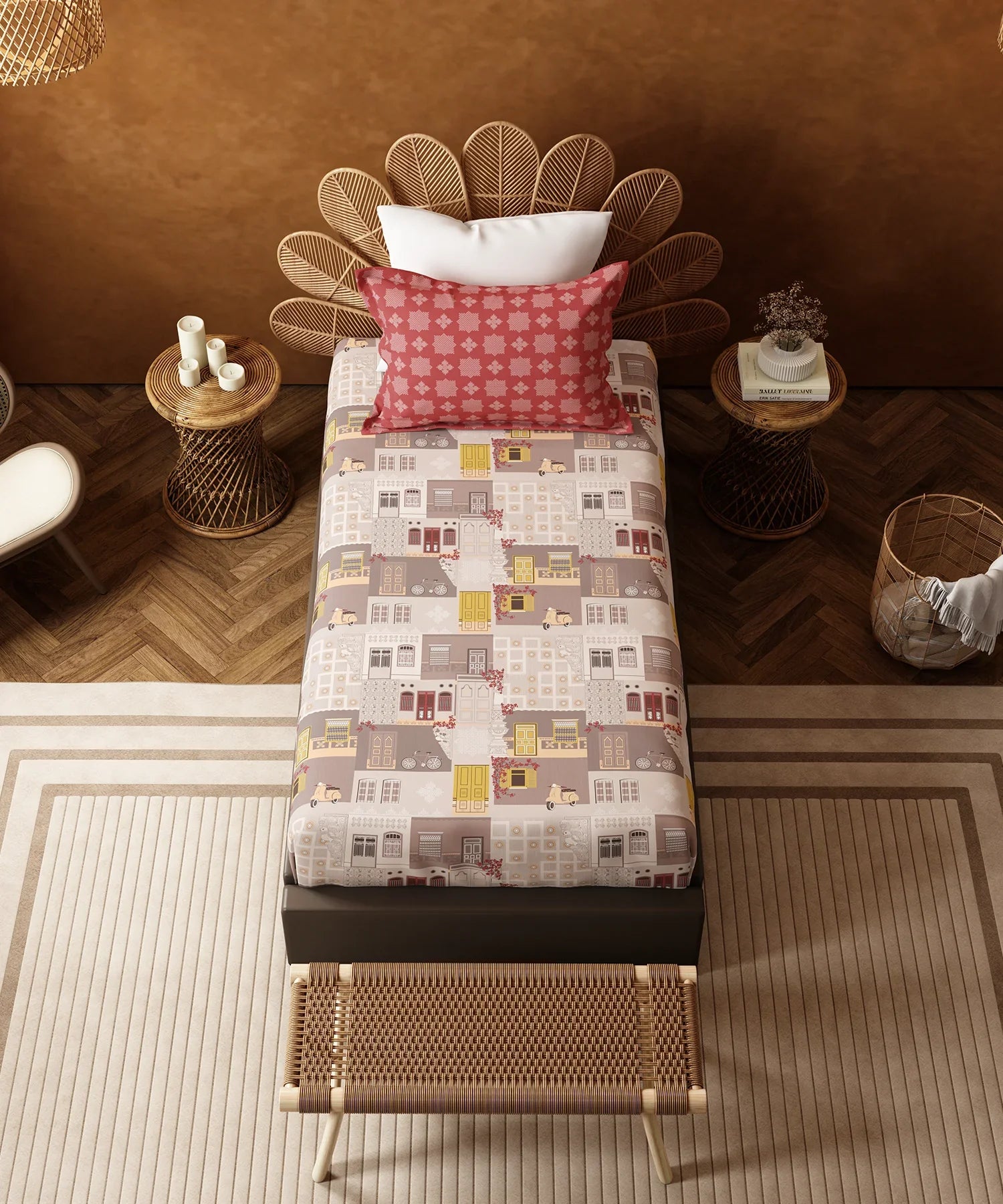 Home Essentials Namaste Bharat Single Bedsheet Set, Dakshin Dwaar Brown| 144 TC Cotton| 1 Pillow Cover