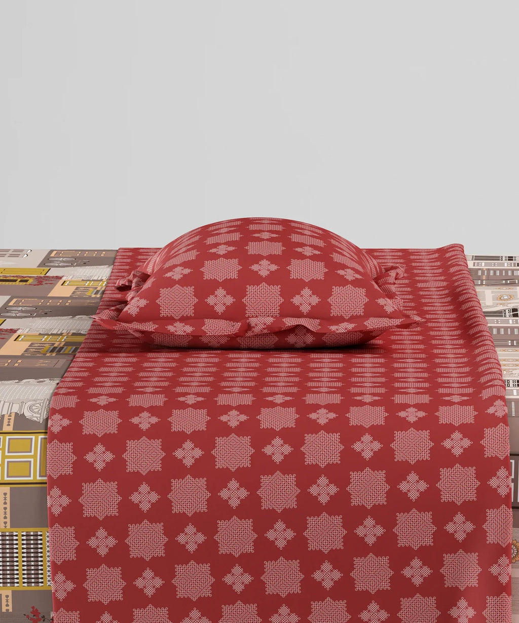 Home Essentials Namaste Bharat Single Bedsheet Set, Dakshin Dwaar Brown| 144 TC Cotton| 1 Pillow Cover