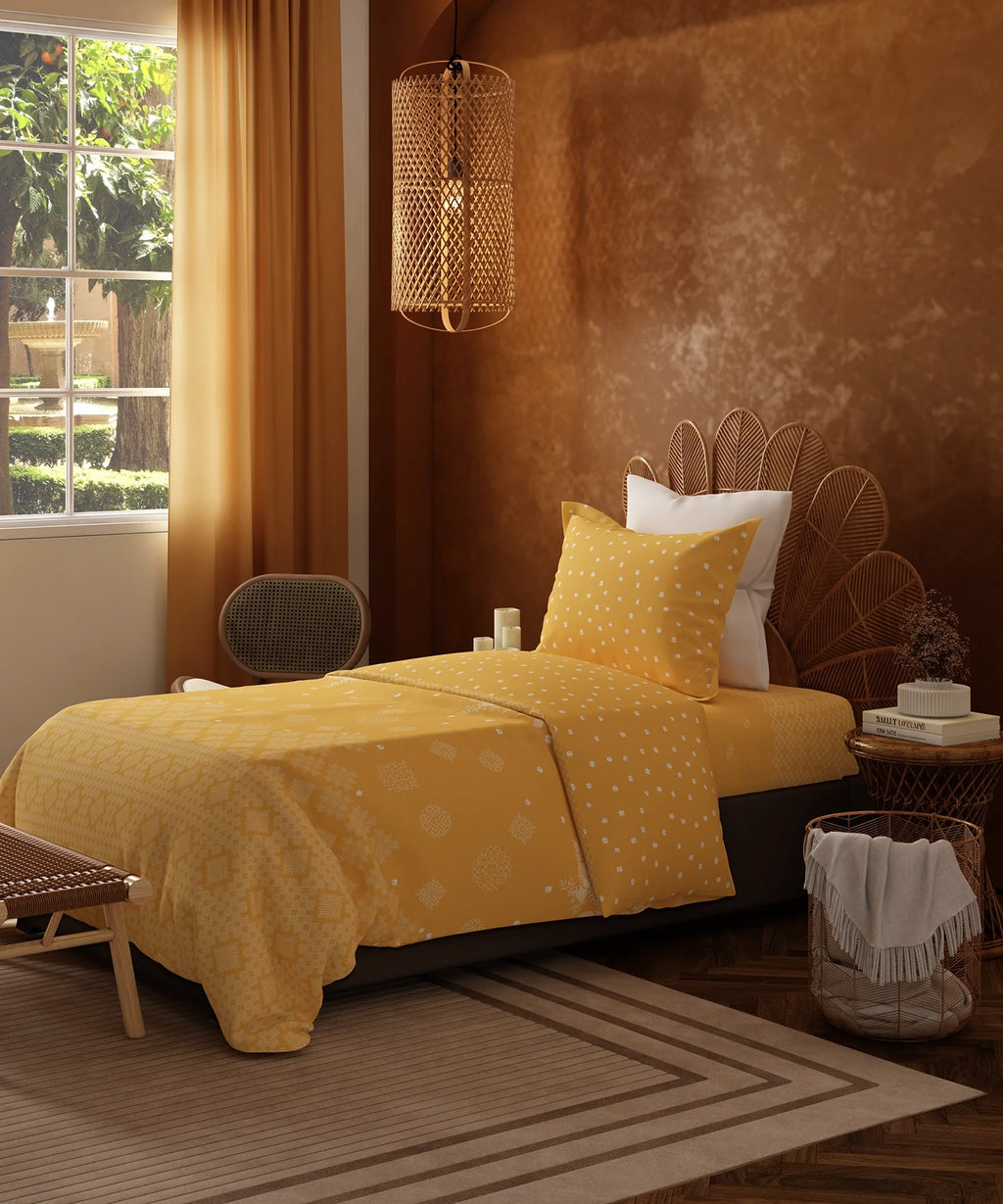 Home Essentials Namaste Bharat Single Bedsheet Set, Kolam Streets Yellow| 144 TC Cotton| 1 Pillow Cover
