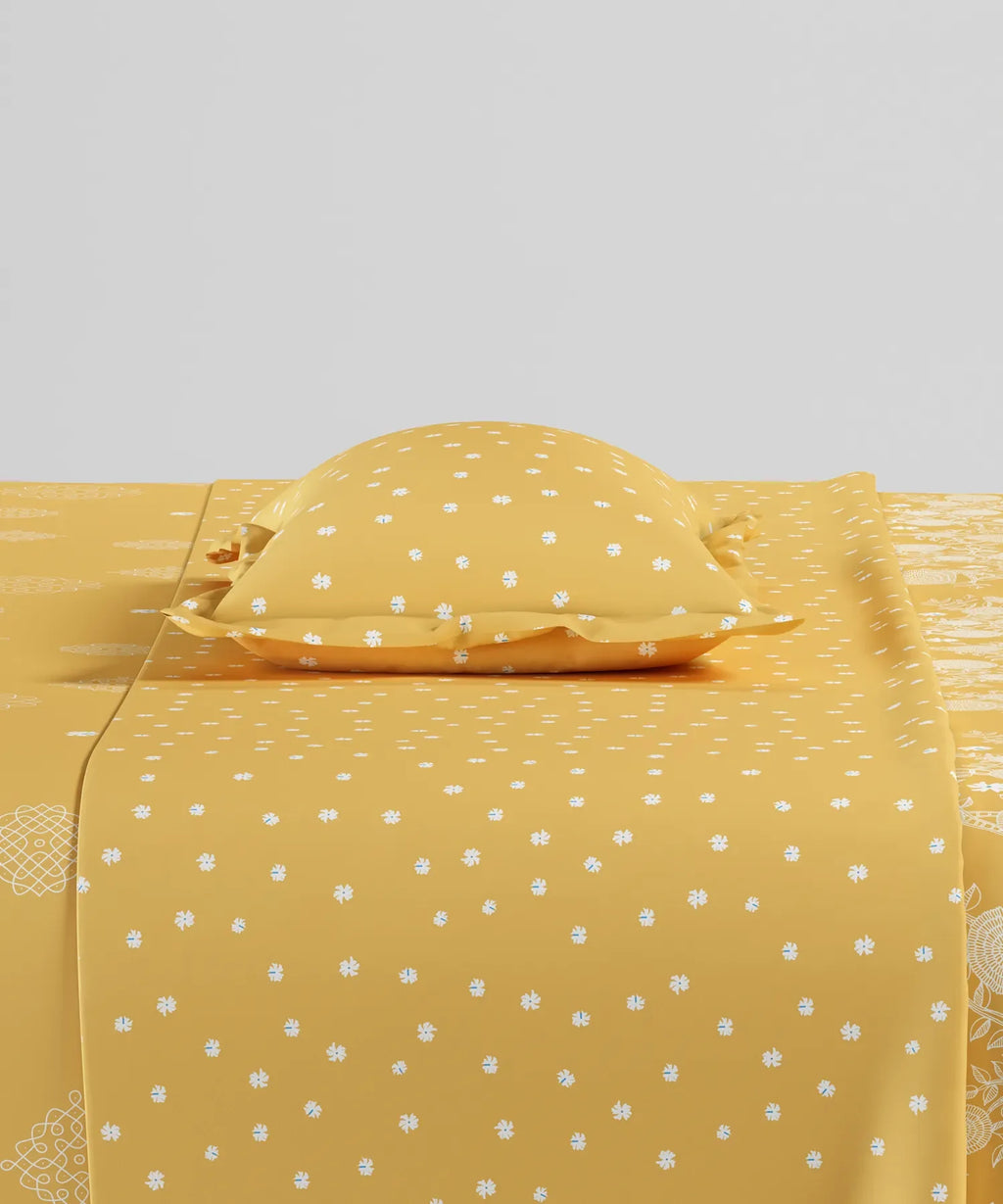 Home Essentials Namaste Bharat Single Bedsheet Set, Kolam Streets Yellow| 144 TC Cotton| 1 Pillow Cover