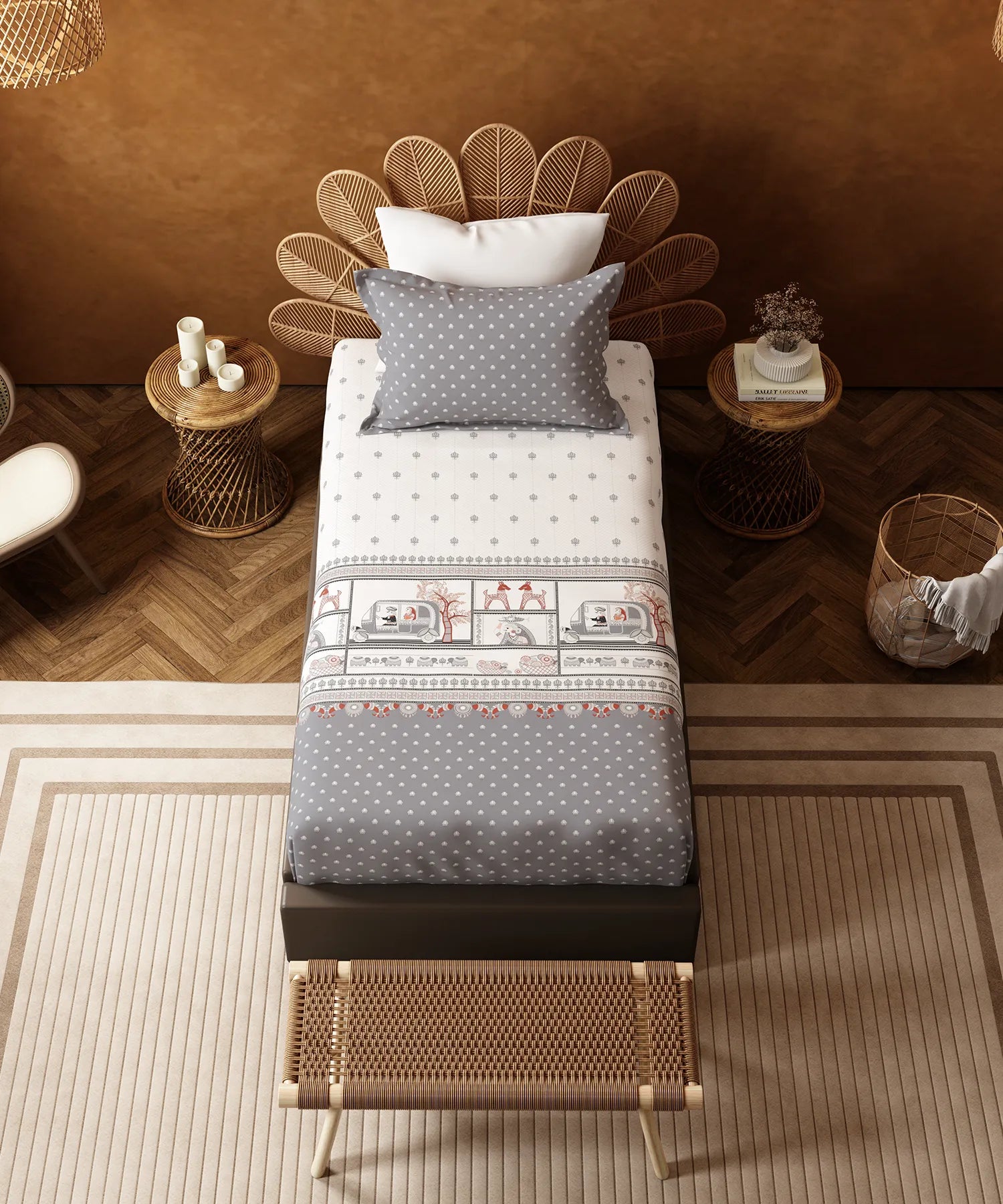 Home Essentials Namaste Bharat Single Bedsheet Set, Shor Gul Grey| 144 TC Cotton| 1 Pillow Cover
