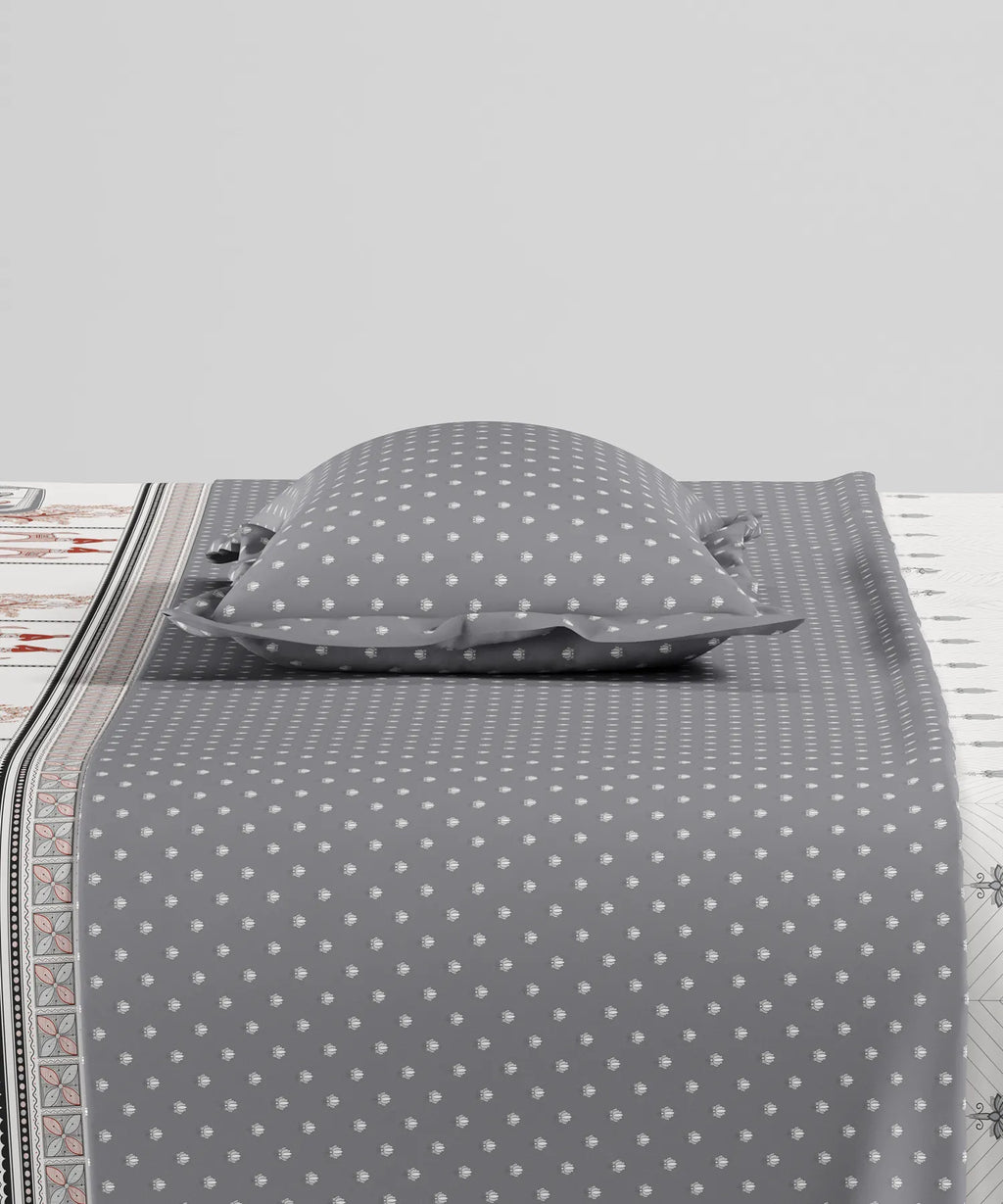 Home Essentials Namaste Bharat Single Bedsheet Set, Shor Gul Grey| 144 TC Cotton| 1 Pillow Cover