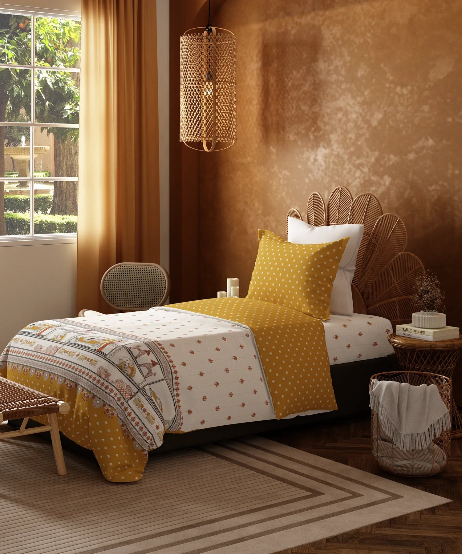 Home Essentials Namaste Bharat Single Bedsheet Set, Shor Gul Yellow| 144 TC Cotton| 1 Pillow Cover