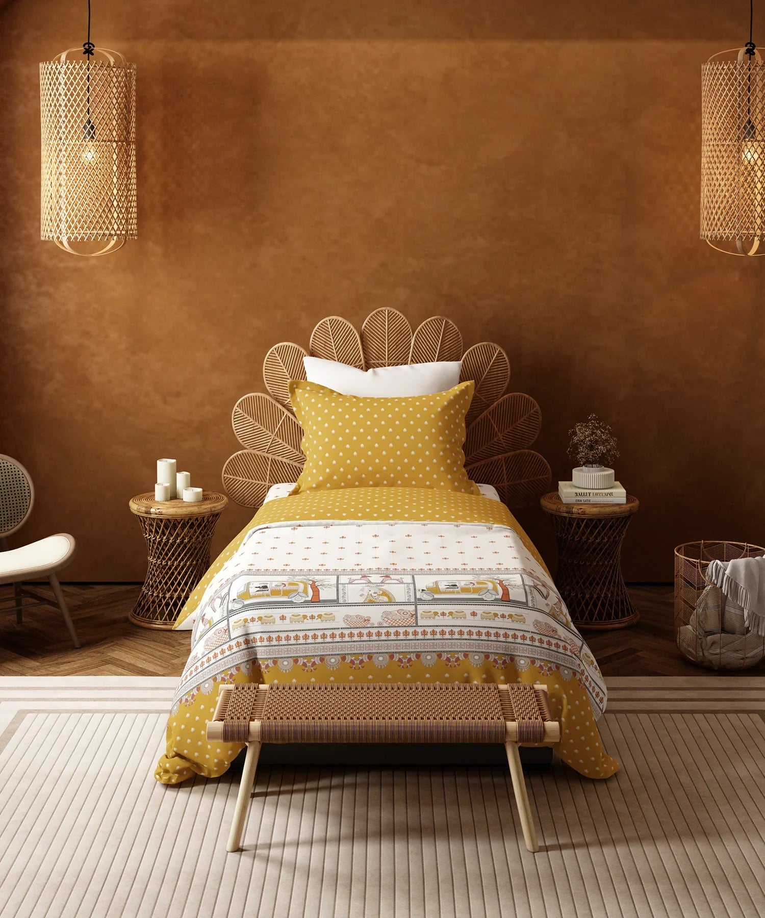 Home Essentials Namaste Bharat Single Bedsheet Set, Shor Gul Yellow| 144 TC Cotton| 1 Pillow Cover