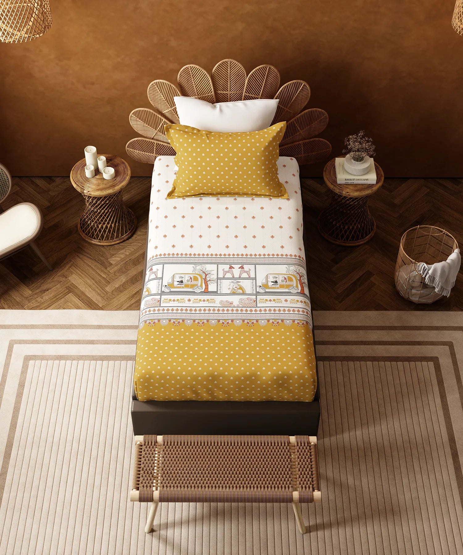 Home Essentials Namaste Bharat Single Bedsheet Set, Shor Gul Yellow| 144 TC Cotton| 1 Pillow Cover