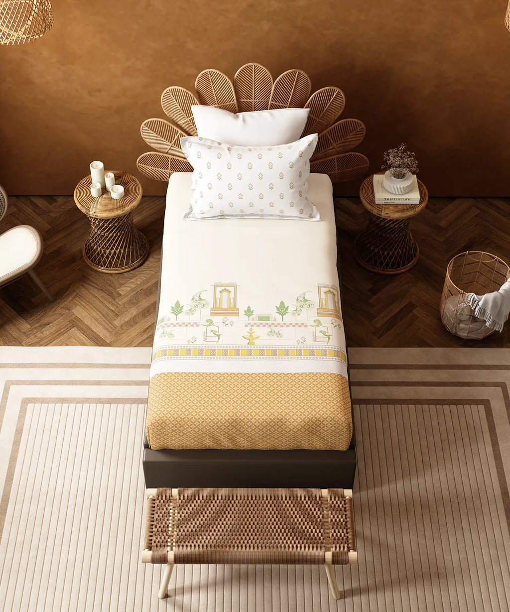 Home Essentials Namaste Bharat Single Bedsheet Set, Vatsalya Ochre| 144 TC Cotton| 1 Pillow Cover