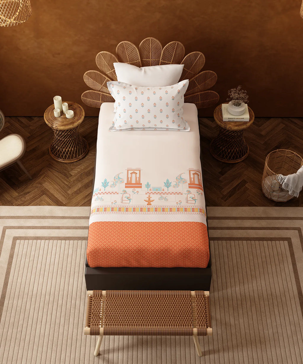 Home Essentials Namaste Bharat Single Bedsheet Set, Vatsalya Orange| 144 TC Cotton| 1 Pillow Cover