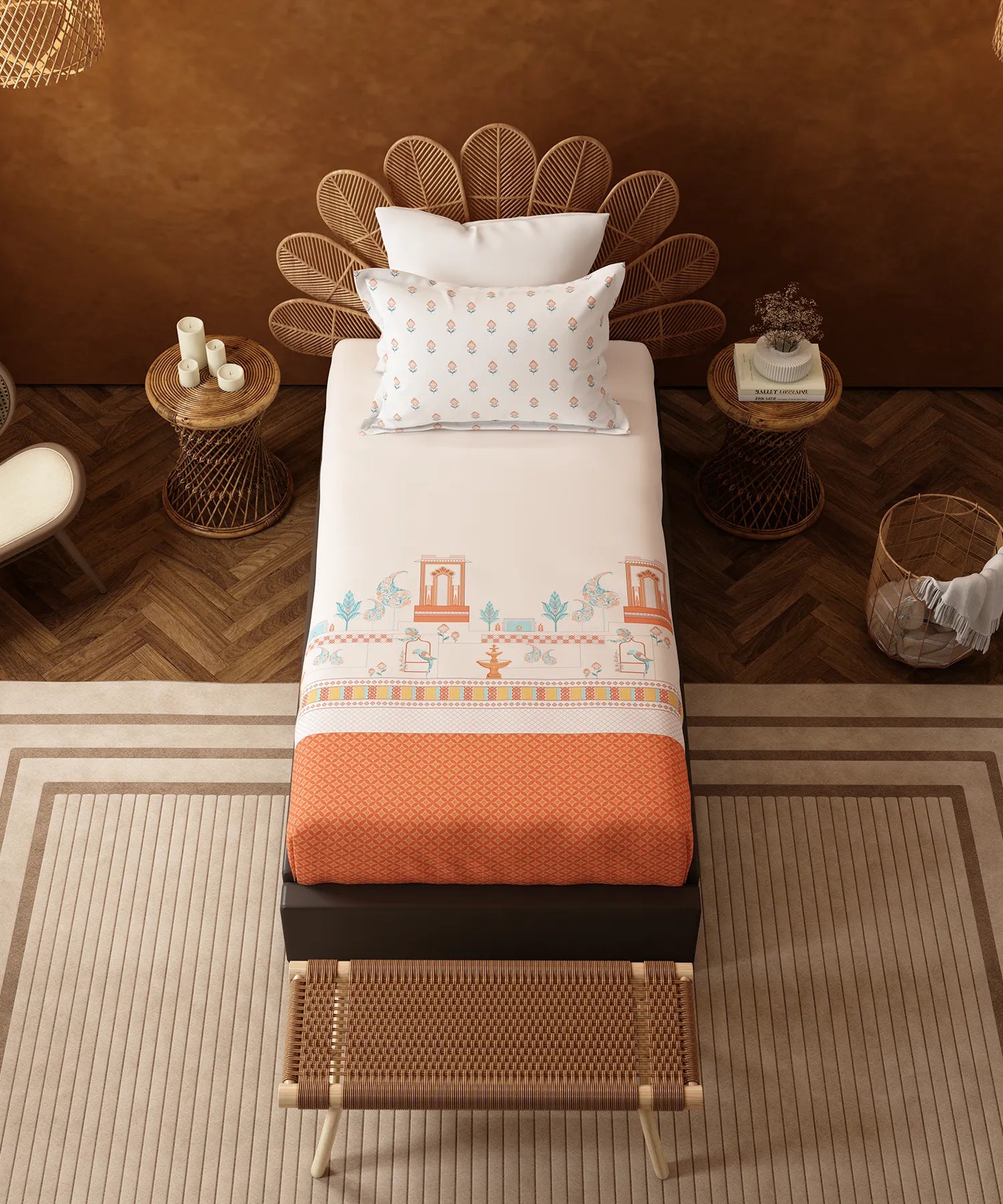 Home Essentials Namaste Bharat Single Bedsheet Set, Vatsalya Orange| 144 TC Cotton| 1 Pillow Cover