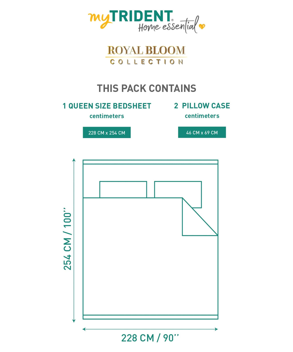 Home Essential Royal Bloom Queen Bedsheet Set, Lindon Blue| 144TC Cotton| 2 Pillow Covers